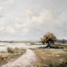 an oil painting of a dirt road in the middle of a field