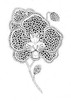 a black and white drawing of a leopard's face on a flower with spots