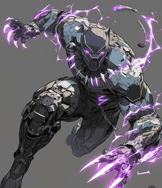 an image of a robot that is in the air with purple lightnings coming out of it