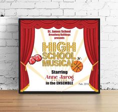 a poster with the words high school musical on it in front of a brick wall