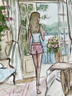 a watercolor painting of a woman standing in front of a window looking out at the outside