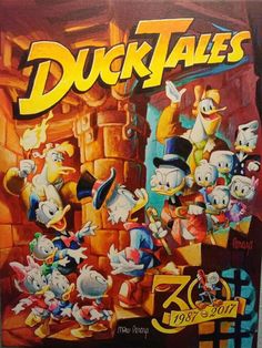 the ducktales movie poster is shown in front of a wall with other cartoon characters