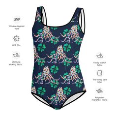 Be a lucky Octopus! What are the things you're looking for in a youth swimsuit? Comfortable fit? Check. Elastic and soft fabric? Check. Lovely print? Check. As you can see, this girls' swimsuit has all the main points needed in a swimsuit for those active kiddos who seem to be in perpetual motion. • 82% polyester, 18% spandex • Fabric weight: 6.78 oz/yd² (230g/m²), weight may vary by 5% • UPF 38-40 • Double layer front • Bias binding in black or white • Sewn with an overlock stitch • Smooth and comfortable microfiber yarn • Four-way stretch material stretches and recovers on the cross and lengthwise grains Please note that contact with rough surfaces and velcro fasteners should be avoided since they can pull out the white fibers in the fabric, damaging the swimsuit’s appearance.Size guide Fitted Playful Swimwear For Swimming, Playful Printed Tankini For Swimming, Fitted Playful Swimwear, Beachwear Swimwear With All Over Print, Playful Green Swimwear For Sports, Playful Fitted Sports Swimwear, Multicolor Character Print Swimwear For Play, Perpetual Motion, Bias Binding