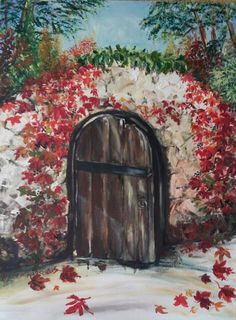 an oil painting of a door in a stone wall with red leaves on the ground