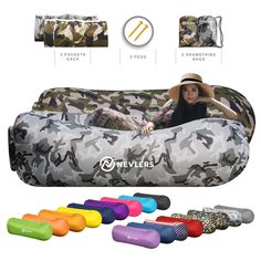 an inflatable bed with various colors and designs on the side, including one woman wearing