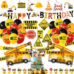 a bunch of balloons that are in the shape of school buses and construction signs on a white background