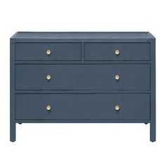 a blue dresser with two drawers and gold knobs on the bottom, against a white background