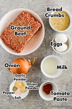 the ingredients for ground beef are shown in bowls and on plates, including onions, eggs, bread crumbs, onion powder, pepper, tomato paste, mayonnai