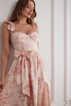 The Vera Dress in Peach Tapestry | Over The Moon Elegant Floral Print Corset Dress, Floral Print Corset Dress For Wedding, Feminine Beige Corset Dress, Fitted Floral Print Corset Dress, Feminine Corset Dress With Boned Bodice For Garden Party, Elegant Floral Print Corset Dress For Garden Party, Pink Fitted Corset Dress For Garden Party, Elegant Floral Corset Dress For Garden Party, Beige Dress With Boned Bodice