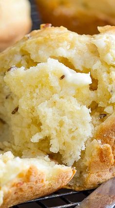 a close up of a muffin on a cooling rack