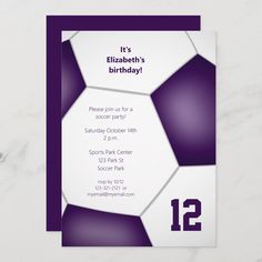 a purple and white soccer birthday party card with the number 12 on it's front