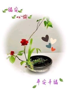 there is a small pot with flowers in it and chinese characters on the wall behind it