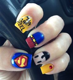 Superman - Man of Steel nail art by Keri at Dianna's Fine Lines - Bakersfield. Superman Nails, Batman Nail Art, Superhero Nails, Batman Nails, Tumblr Nail Art, Cartoon Nail Designs, Dark Nail Designs, Funky Nail Art, Nail Art At Home