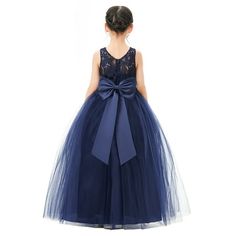 The elegant bodice feature is made of floral lace & satin lining with beautiful illusion neckline. The waistline is decorated with a removable tiebow sash to make this dress more elegant. The skirt has 6 layers, top 3 layers are made of elegant soft tulle. 4th is layer of soft satin, 5th layer is a netting attached to the 6th layer for additional fullness. The 6th layer is another satin lining to bring comfort to your little girl while wearing the dress. Size: size 4.  Color: Blue.  Gender: fema Navy Blue Flower Girl Dresses, Dance Ballroom, Ballet Dance Dress, Flower Girl Dresses Blue, Girls Sequin Dress, Girls Tulle Dress, Princess Flower Girl Dresses, Bow Sash