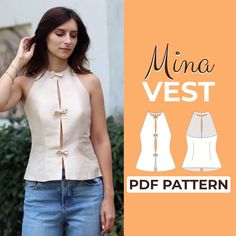 a woman wearing a white top and jeans with the text, mina vest sewing pattern