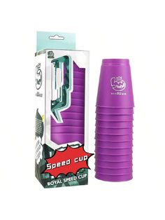 the purple cup is next to its packaging