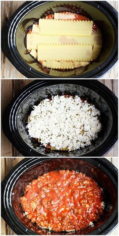 three different pictures of food in crock pot with cheese on top and rice inside