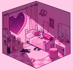 a bedroom with pink walls and furniture in the shape of a heart on the wall