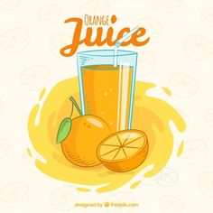 orange juice in a glass next to an orange slice on a yellow background with leaves