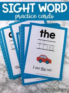 four sight word practice cards with the words i see the car on them and an image of