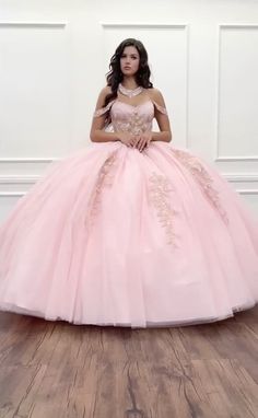 Quinceanera | Blush Off-Shoulder Ballgown with Beading, Rhinestones, 3 Flower Girl Accessories, Golden Embroidery, Anna Dress, Kids Party Dresses, Baptism Dress, Communion Dresses, 3d Flowers, Quinceanera Dresses, Party Dresses For Women