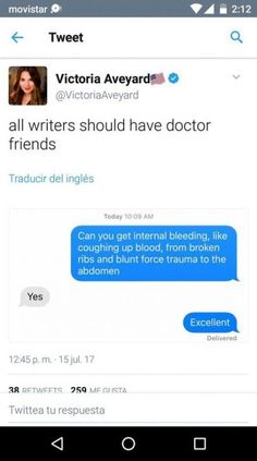 an email message from victoria aveyrd on her twitter account, with the caption'all writer should have doctor friends '