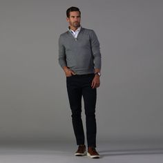 The Luxury Touch Cotton and Cashmere Quarter Zip Sweater is the ultimate layering piece to complete any gentleman's wardrobe. Crafted with the highest quality cashmere cotton blend, this quarter zip sweater provides ultra soft breathability with durability – simple to wash and easy to maintain. Our special cashmere cotton blend adds a luxurious feel without comprising the strength and longevity of this must-have sweater. The added detail of the quarter zip brings an elevated style that pairs per Polo Sweater For Layering In Fall, Zip Jumper Outfit, Grey Quarter Zip Outfit, Quarter Zip Sweater Outfit, Quarter Zip Outfit Men, Zip Sweater Outfit, Quarter Zip Outfit, Gentleman's Wardrobe, Grey Quarter Zip