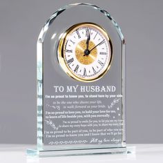 a glass clock with the words to my husband on it