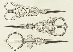 three pairs of scissors are shown in this antique engraving style illustration from the early 19th century