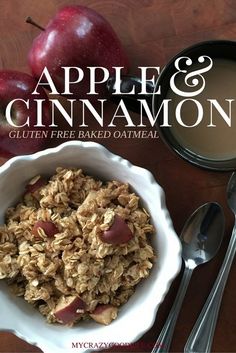 an apple and cinnamon granola in a bowl next to two spoons on a table