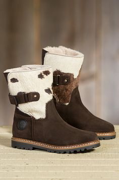 Styled on trend and built for comfort and warmth, these casual beauties are fashioned in smooth suede, accented with colorful cowhide. Free shipping   returns. Nordic Vacation, Cowhide Boots, Closet Inventory, Boots 2023, Hot Boots, Winter Shoes For Women, Ankle Shoes, Chic Shoes, Warm Boots