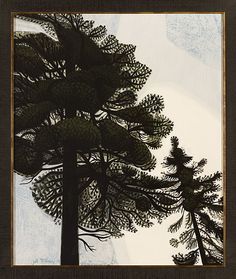 the silhouette of two trees against a white and blue sky is framed in a dark wood frame