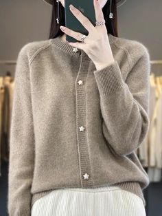 Spring New Women Cardigans 100% Merino Wool Sweater O-Neck Raglan Slee – Rarove Korean Fashion Tops, Coat Korean, Star Buttons, Womens Sweaters, Knitted Coat, Collars For Women, Merino Wool Sweater, Cashmere Cardigan, Wool Sweater