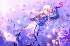 an anime character floating in the water with her arms outstretched and flowers around her neck