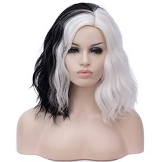 Cruella Black and White Wig Cosplay Costume Including Wig Cap And Long Sleeves And Necklace And Extendable Cigarette Holder - Opscal Cruella Deville Wig, Black And White Wig, White Wig, Halloween Wigs, Short Curly Wigs, Short Curly Bob, Curly Hair Wig, Ombre Wigs, Wavy Curly Hair