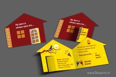 two red and yellow house shaped brochures with the words my home is always open for us