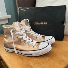 Like New Converse Chuck Taylor Metallic Rose High Tops These Are Basically New With Tags, I Have Only Worn Them Once. I Love Rose Gold, And I Love These Shoes, But I Never Wear Them. Comes With Box Rose Gold Converse, Gold Converse, Rose Gold Sneakers, Metallic Rose Gold, New Converse, Love Rose, Womens Converse, Converse Chuck, Converse Shoes