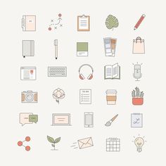 a bunch of different items that are on a white background, including notebooks and pens