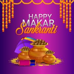 happy makar sanki greeting card with colorful decorations and sweets on purple background illustration