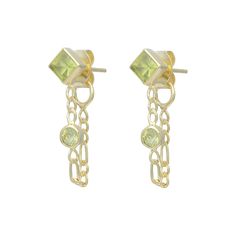 Evie 14K Gold Plated Sterling Silver Green Peridot Studs Never loose your back with these babies! Made with a gorgeous figaro chain these little cuties shine bright by themselves but also pair perfectly with almost any other earring. Made with handpicked green Peridot the top stud is a diamond Peridot leading down to a round shaped Peridot both sitting on the figaro chain which then wraps around the earlobe to the backing. Peridot set in gold is said to develop its full potential as a talisman. Gold Peridot Gemstone Earrings, Peridot Gemstone Dangle Earrings, Dangle Peridot Gemstone Earrings, Gold Peridot Earrings Fine Jewelry, Yellow Gold Peridot Earrings For Gift, Gold Peridot Earrings For May Birthstone, Peridot Drop Earrings For May Birthstone, Peridot Dangle Earrings In Gold, Yellow Gold Peridot Dangle Earrings