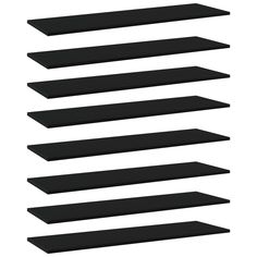 six black shelves are lined up against the wall