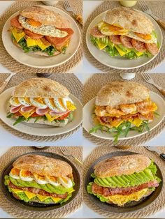 six plates with sandwiches on them sitting on a table next to utensils and knives