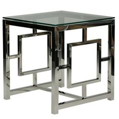 a glass and metal side table with two square frames on the bottom, one at the top