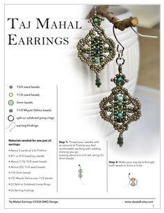 an advertisement for the taj maal earings, with instructions to make them