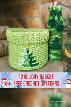 two crocheted christmas baskets sitting next to each other