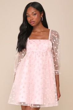 Your sweet personality will always shine in the Lulus Effervescent Charm Pink Organza Floral Babydoll Mini Dress! Airy woven organza features an adorable texture of applique-like floral details as it shapes three-quarter balloon sleeves with elastic at the cuffs and shoulders. Square neckline tops a seamed bodice with a high waist. Babydoll silhouette continues with a flaring skirt that finishes at a mini hem. Hidden zipper/clasp at back. Fit: This garment fits true to size. Length: Mid-thigh. S Summer Mini Dress With Sheer Sleeves And Sweetheart Neckline, Sweet Square Neck Mini Dress For Spring, Spring Organza Dress With Long Sleeves, Spring Long Sleeve Organza Dresses, Long Sleeve Organza Dresses For Spring, Summer Puff Sleeve Organza Mini Dress, Summer Organza Mini Dress With Puff Sleeves, Spring Dress With Sheer Sleeves And Square Neck, Spring Wedding Organza Mini Dress