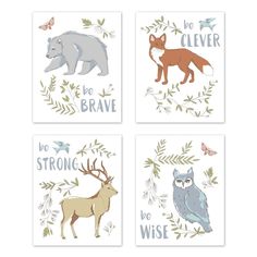 four cards with animals on them and the words be brave in blue, green, orange and