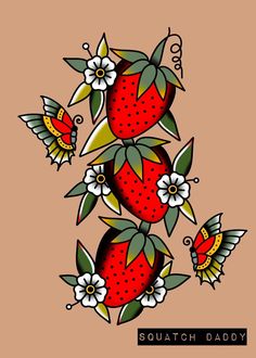 a strawberry with flowers and butterflies on it's side, which says squat daddy