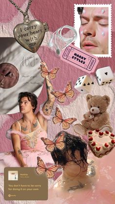 a collage of photos with various items including a teddy bear and other things on it