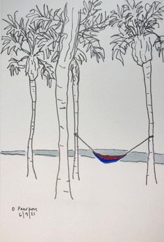 a drawing of a hammock between two palm trees